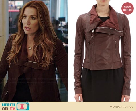 Rick Owens Leather Funnel Neck Moto Jacket worn by Poppy Montgomery on Unforgettable