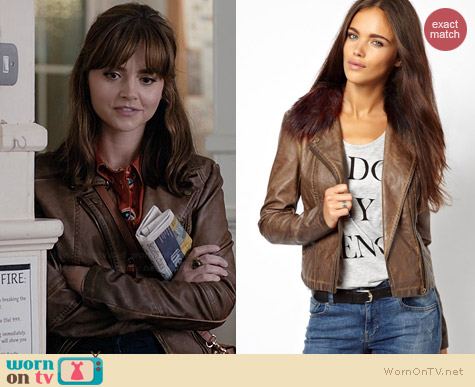 River Island Leather Look Double Zip Biker Jacket worn by Jenna Coleman on Doctor Who