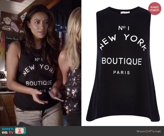 River Island No 1 New York Boutique Paris Tank Top worn by Shay Mitchell on PLL