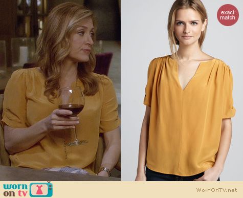 Rizzoli & Isles Fashion: Joie Amone blouse in marigold worn by Sasha Alexander