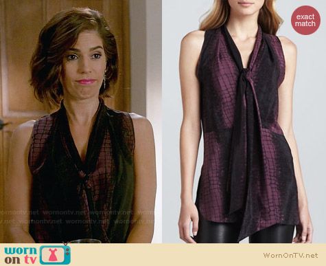 WornOnTV: Marisol’s purple croc printed neck tie blouse on Devious ...