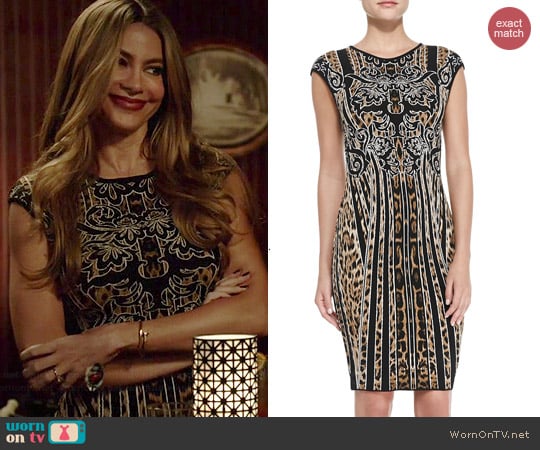 Roberto Cavalli Cap Sleeve Leopard Stripe Sheath Dress worn by Sofia Vergara on Modern Family