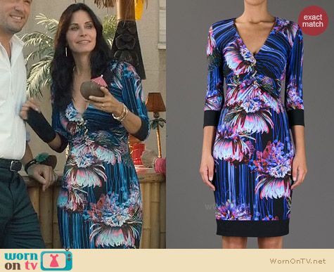 Roberto Cavalli Floral V-Neck Dress worn by Courtney Cox on Cougar Town