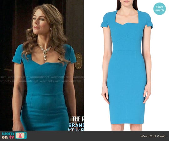 Roland Mouret Ollerton Dress in Bright Blue worn by Queen Helena (Elizabeth Hurley) on The Royals