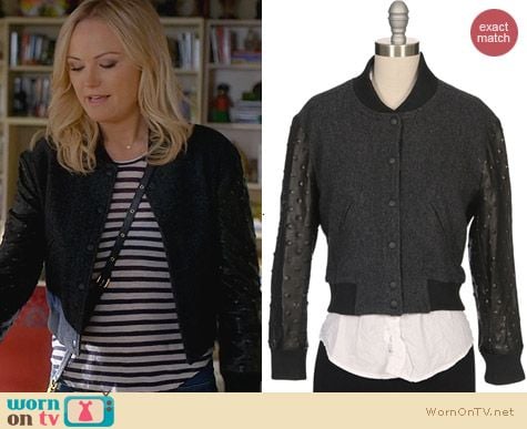 Ron Herman Studded Leather Sleeve Baseball Jacket worn by Malin Akerman on Trophy Wife