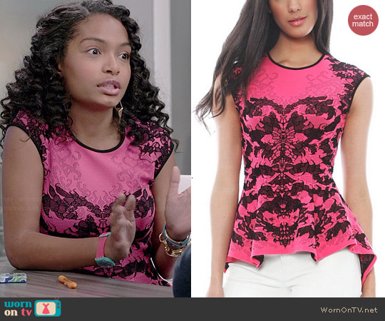 RVN Scorpio Lace Jacquard Peplum Top worn by Yara Shahidi on Black-ish