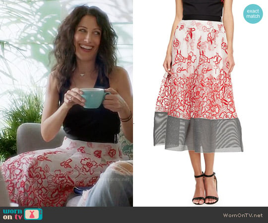 Sachin + Babi Noir Embroidered Floral Midi Ball Skirt worn by Abby McCarthy (Lisa Edelstein) on Girlfriends Guide to Divorce