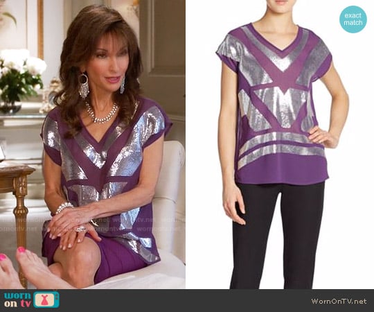 Saks Fifth Avenue Black Sequined V-Neck Top worn by Genevieve Delatour (Susan Lucci) on Devious Maids