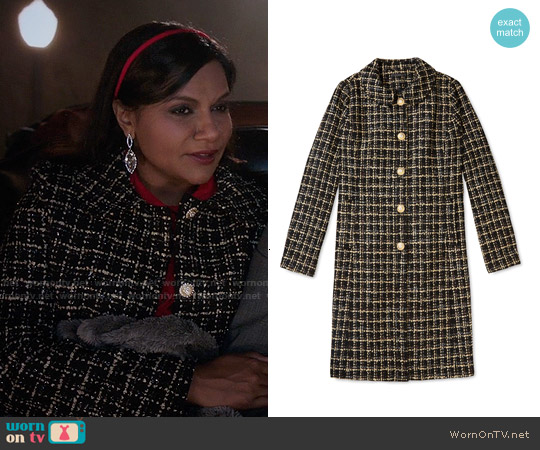 Salvador Perez Peter Pan Collar Coat in Black/Gold worn by Mindy Lahiri (Mindy Kaling) on The Mindy Project