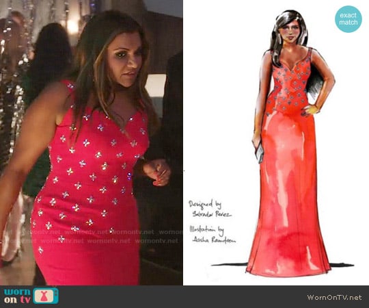 Salvador Perez Red Embellished Dress worn by Mindy Lahiri (Mindy Kaling) on The Mindy Project