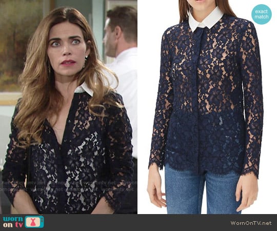 Sandro Celia Lace Shirt worn by Victoria Newman (Amelia Heinle) on The Young and the Restless