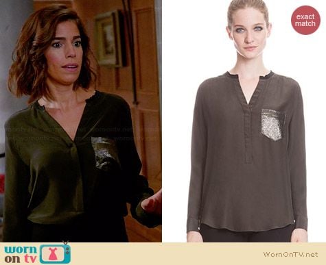 WornOnTV: Marisol’s olive green blouse with metallic pocket on Devious ...