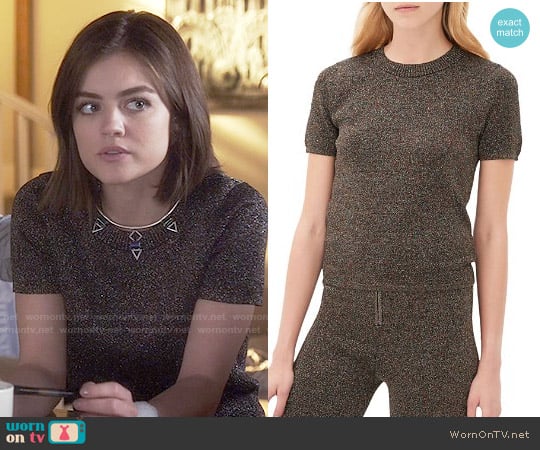 Sandro Safa Metallic Tee worn by Aria Montgomery (Lucy Hale) on Pretty Little Liars