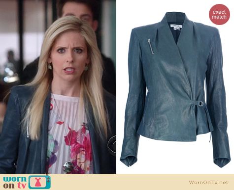 Sarah Michelle Gellar Fashion: Helmut Lang Blue leather biker jacket worn on The Crazy Ones