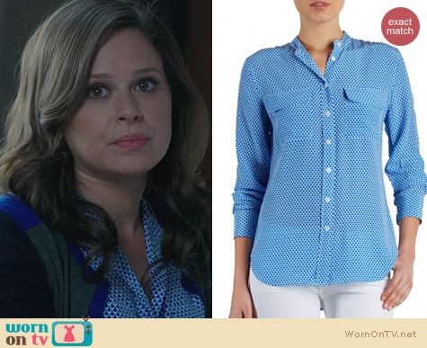 Fashion of Scandal: Equipment Collarless blue geo print shirt worn by Katie Lowes