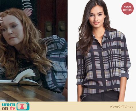 Scandal Fashion: Equipment Reese Blouse in Black Plaid worn by Darby Stanchfield