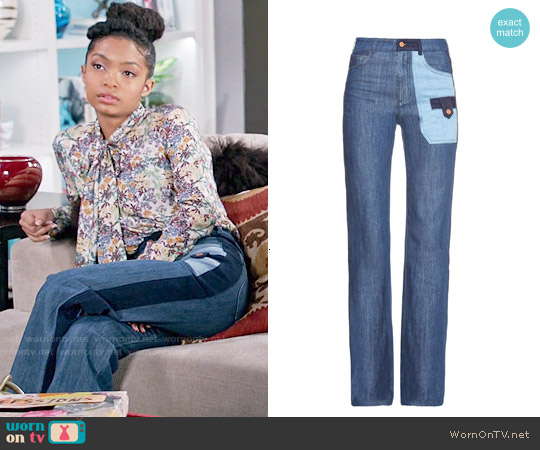 See by Chloe Patchwork Denim Wide-leg Jeans worn by Zoey Johnson (Yara Shahidi) on Black-ish