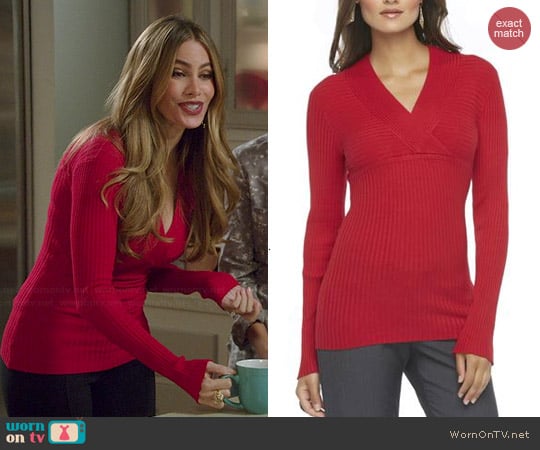 Sofia Vergara for KMart Ribbed V-neck Sweater in Aged Current worn by Gloria on Modern Family