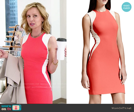 Stella McCartney Contour-Colorblock Sheath Dress in Vermillion worn by Cat Grant (Calista Flockhart) on Supergirl