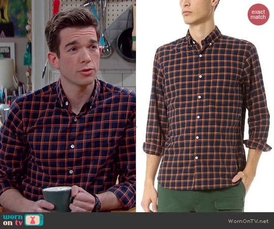 Steven Alan Single Needle Sport Shirt in Navy Check worn by John Mulaney on Mulaney