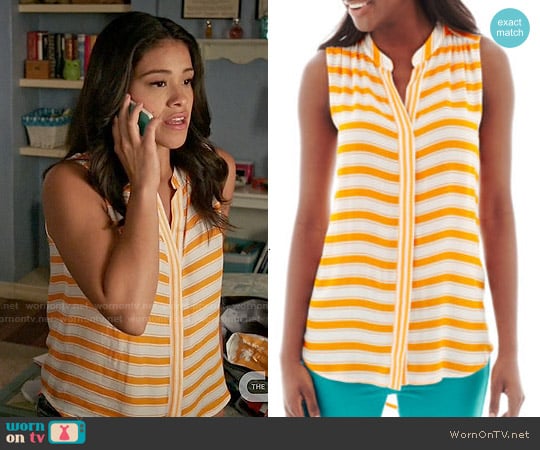 Stylus Sleeveless Striped Button-Front Shirt in Bright Marigold worn by Jane Villanueva (Gina Rodriguez) on Jane the Virgin