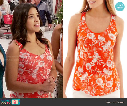 Stylus Racerback Linen Tank Top in Tangerine Floral worn by Jane Villanueva (Gina Rodriguez) on Jane the Virgin