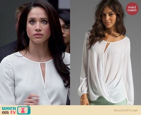 Suits Fashion: Ella Moss Stella Wrap blouse in white worn by Meghan Markle