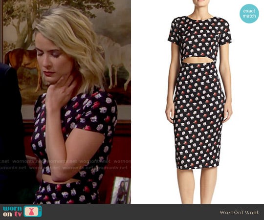 Suno Rose-Print Stretch Silk Cutout-Waist Dress worn by Caroline Spencer (Linsey Godfrey) on The Bold and the Beautiful