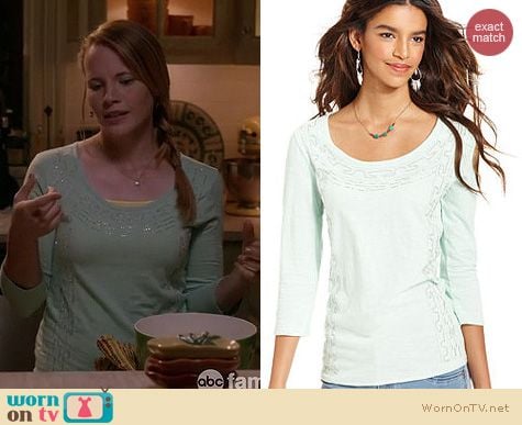 Switched at Birth Fashion: Lucky Brand beaded scoop neck three quarter sleeve tee worn by Katie Leclerc