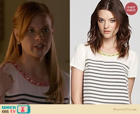 Switched at Birth Fashion: Madison Marcus striped silk tee with embellished neckline worn by Katie Leclerc