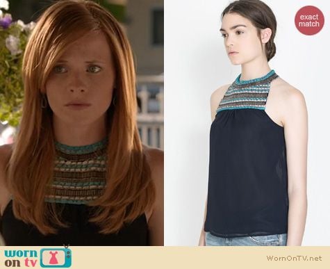 Switched at Birth Fashion: Zara Navy top with embellished neckline worn by Katie Leclerc