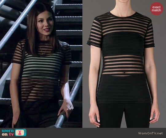 T by Alexander Wang Sheer Striped Top worn by Victoria Justice on Eye Candy