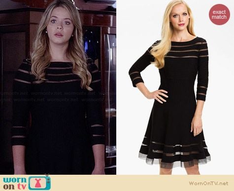 Tadashi Shoji Mesh Stripe Fit & Flare Dress worn by Sasha Pieterse on PLL