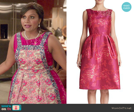 Teri Jon by Rickie Freeman Embellished Floral Jacquard Dress worn by Mindy Lahiri (Mindy Kaling) on The Mindy Project