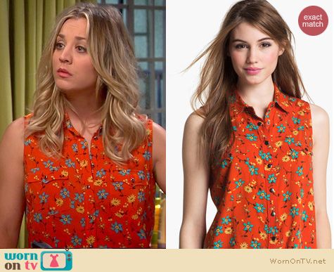 The Big Bang Theory Fashion: Vince Camuto Orange Sleeveless Shirt worn by Kaley Cucoco