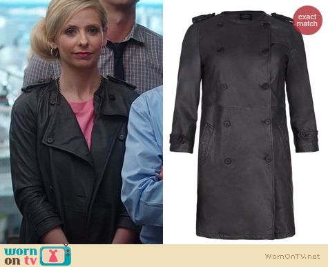 The Crazy Ones Fashion: All Saints Villers Leather Trenchcoat worn by Sarah Michelle Gellar