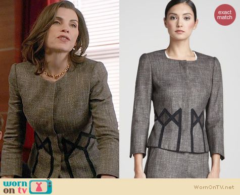 The Good Wife Fashion: Rena Lange Geometric Inset Tweed Jacket worn by Julianna Margulies