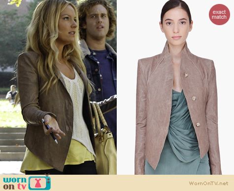 The Goodwin Games Fashion: Helmut Lang cropped taupe leather jacket worn by Becki Newton