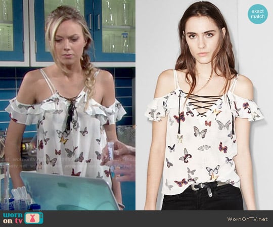 The Kooples Butterfly Print Silk Lace Up Top worn by Abby Newman (Melissa Ordway) on The Young and the Restless