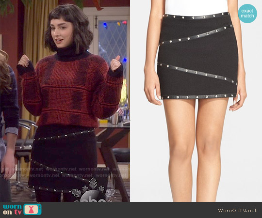 The Kooples Stud Detail Leather Trim Basket Weave Miniskirt worn by Mandy Baxter ( Molly Ephraim) on Last Man Standing