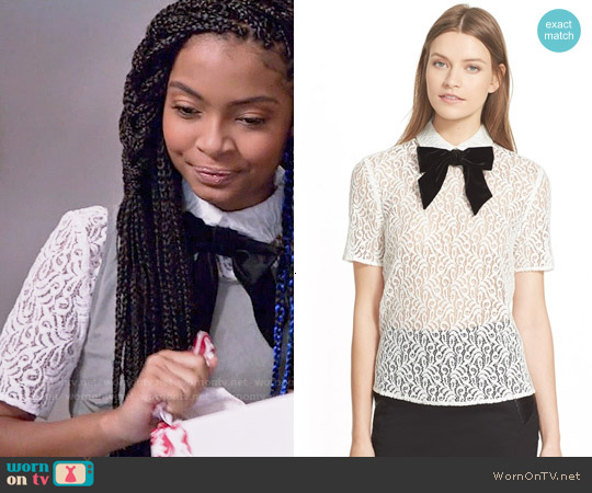 The Kooples Velvet Bow Lace Top worn by Zoey Johnson (Yara Shahidi) on Black-ish