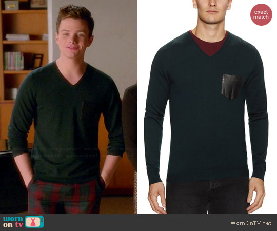 The Kooples V-neck Sweater with Leather Pocket worn by Chris Colfer on Glee