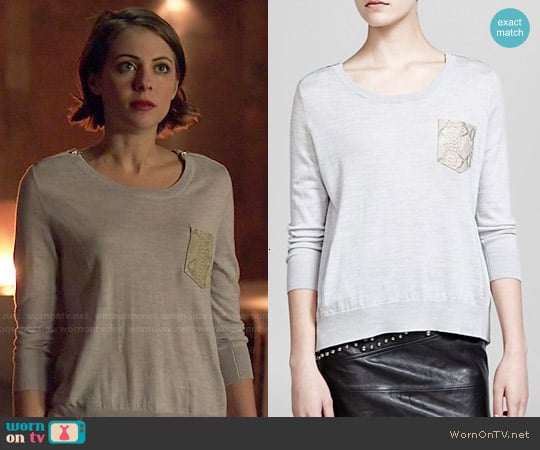 The Kooples Wool & Leather Pocket Sweater worn by Thea Queen (Willa Holland) on Arrow