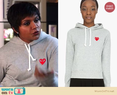 Mindy Project Fashion: Comme Des Garcons Play red emblem hoodie worn by Mindy Kaling