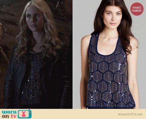 The Originals Fashion: Aqua Beaded Leaf Blouse worn by Claire Holt