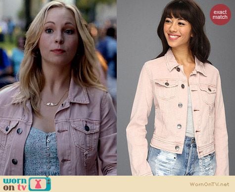 The Vampire Diaries Fashion: Free People Pale Pink Colored Denim Jacket worn by Candice Accola