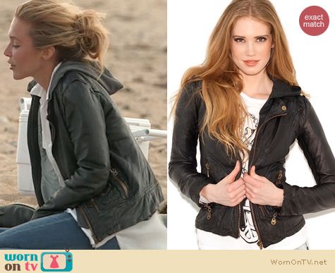 The Vineyard Fashion: Doma Leather hooded moto jacket worn by Katie Tardif