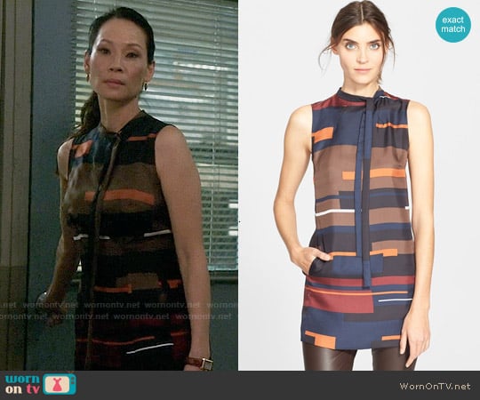 Theory Nitee Print Silk Top worn by Joan Watson (Lucy Liu) on Elementary