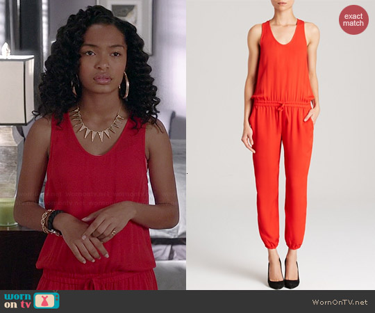 Theory Lortan Silk Georgette Jumpsuit in Valencia worn by Yara Shahidi on Black-ish