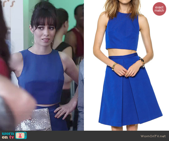 Tibi Katia Faille Crop Top and Pleated Skirt worn by Cristin Milioti on A to Z